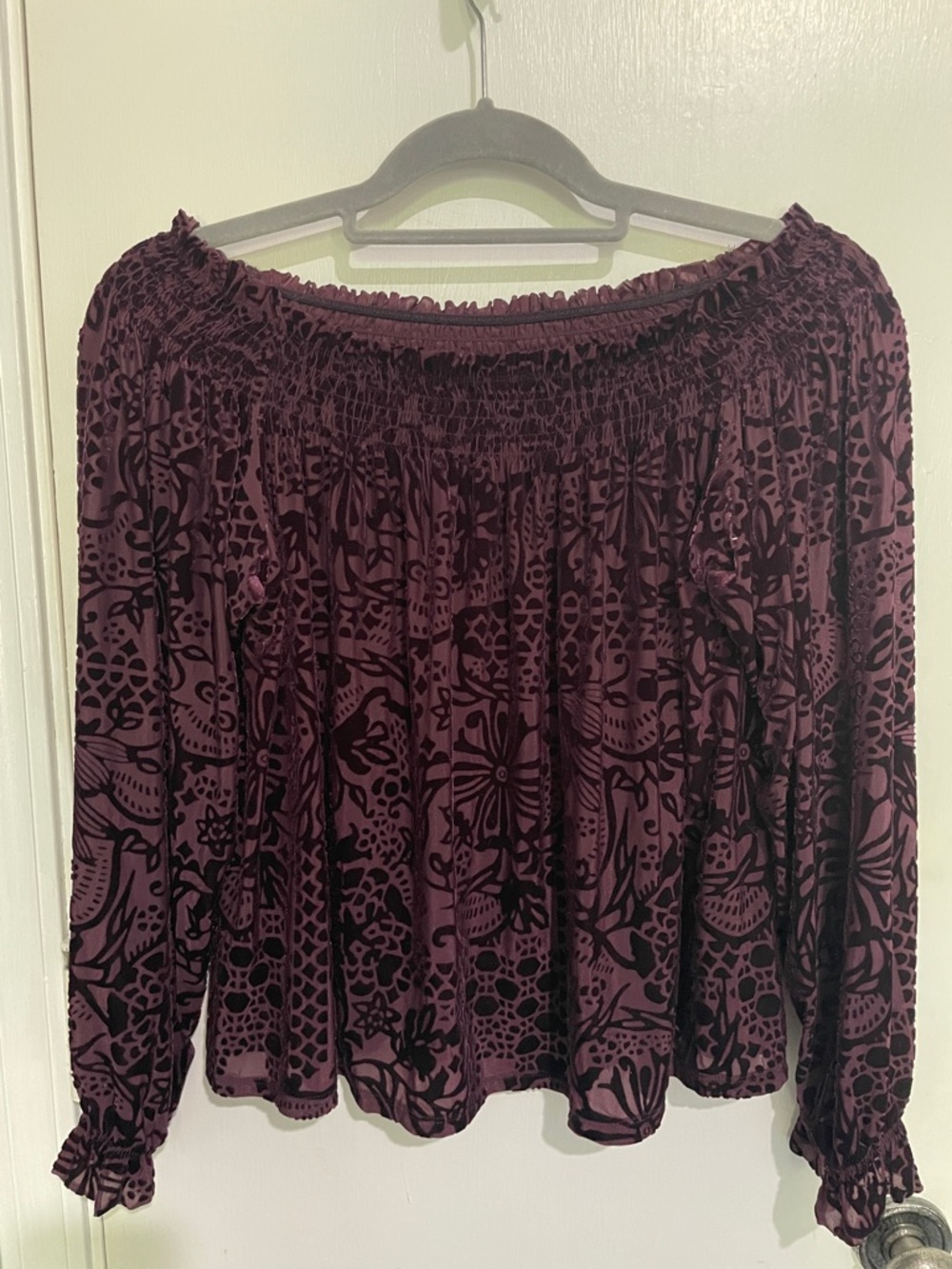 Free People Plum Floral Velvet Burnout Smocked Peasant Top